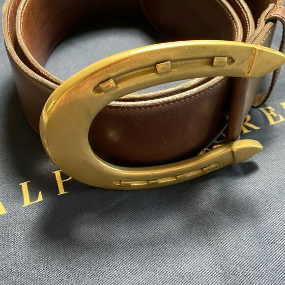 Ralph Lauren * Made in Italy Equestrian Inspired Brown Vachetta Horseshoe Belt - Picture 3 of 16